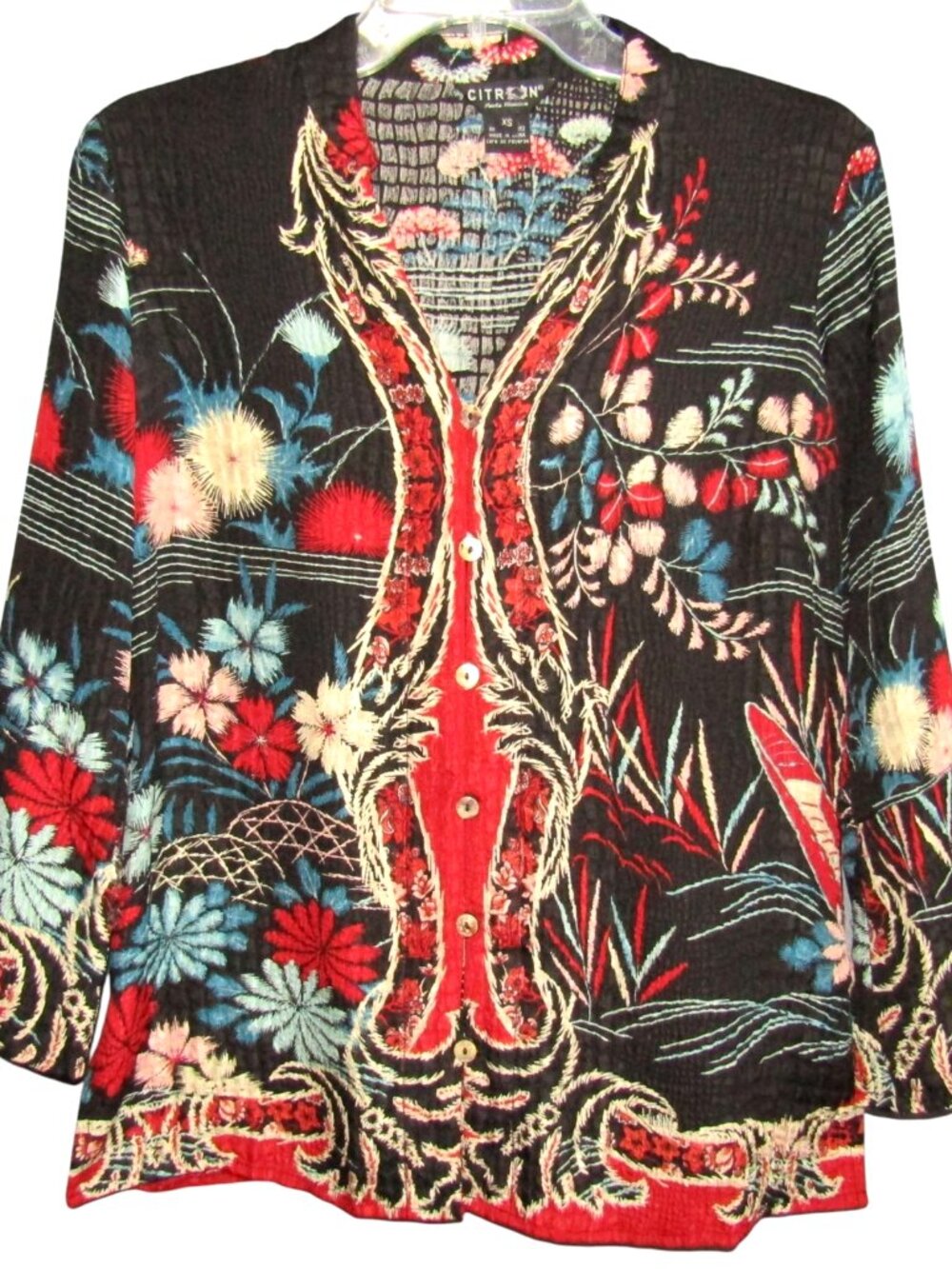 Citron Santa Monica 100% Silk Blouse Top Black Red Blue Floral Size XS Flaws
